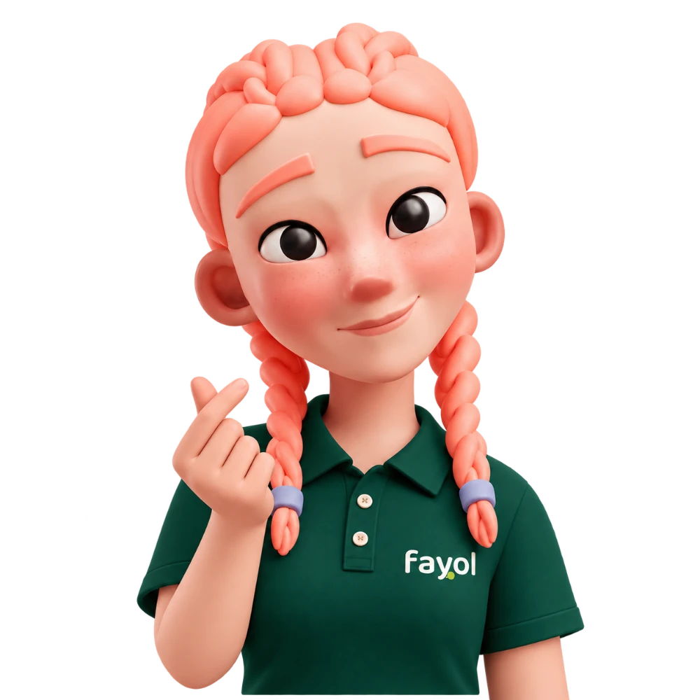 Fay, a agente de IA do FAYOL, fazendo um coração com os dedos